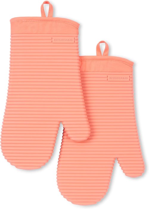 KitchenAid Ribbed Soft Silicone Oven Mitts - 2-Pack Set, 7.5"x13", Bird of Paradise Design