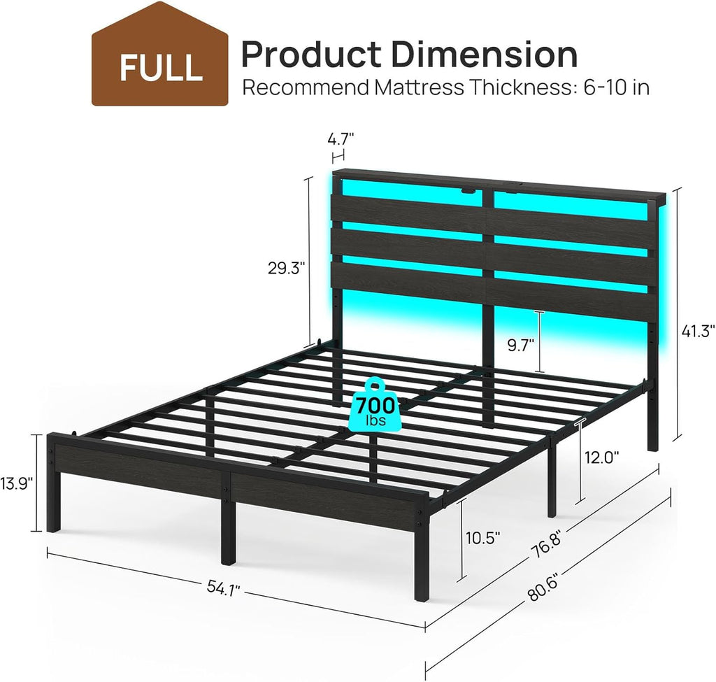Rolanstar Full Size Bed Frame - USB Charging Station & LED Wood Storage Headboard - Black Metal Design