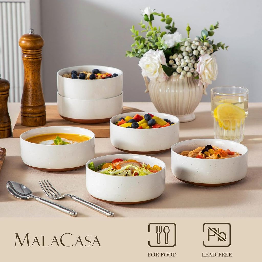MALACASA Cereal Bowls Set - 24 OZ Ceramic Soup & Breakfast Bowls | Dishwasher & Microwave Safe, Khaki White