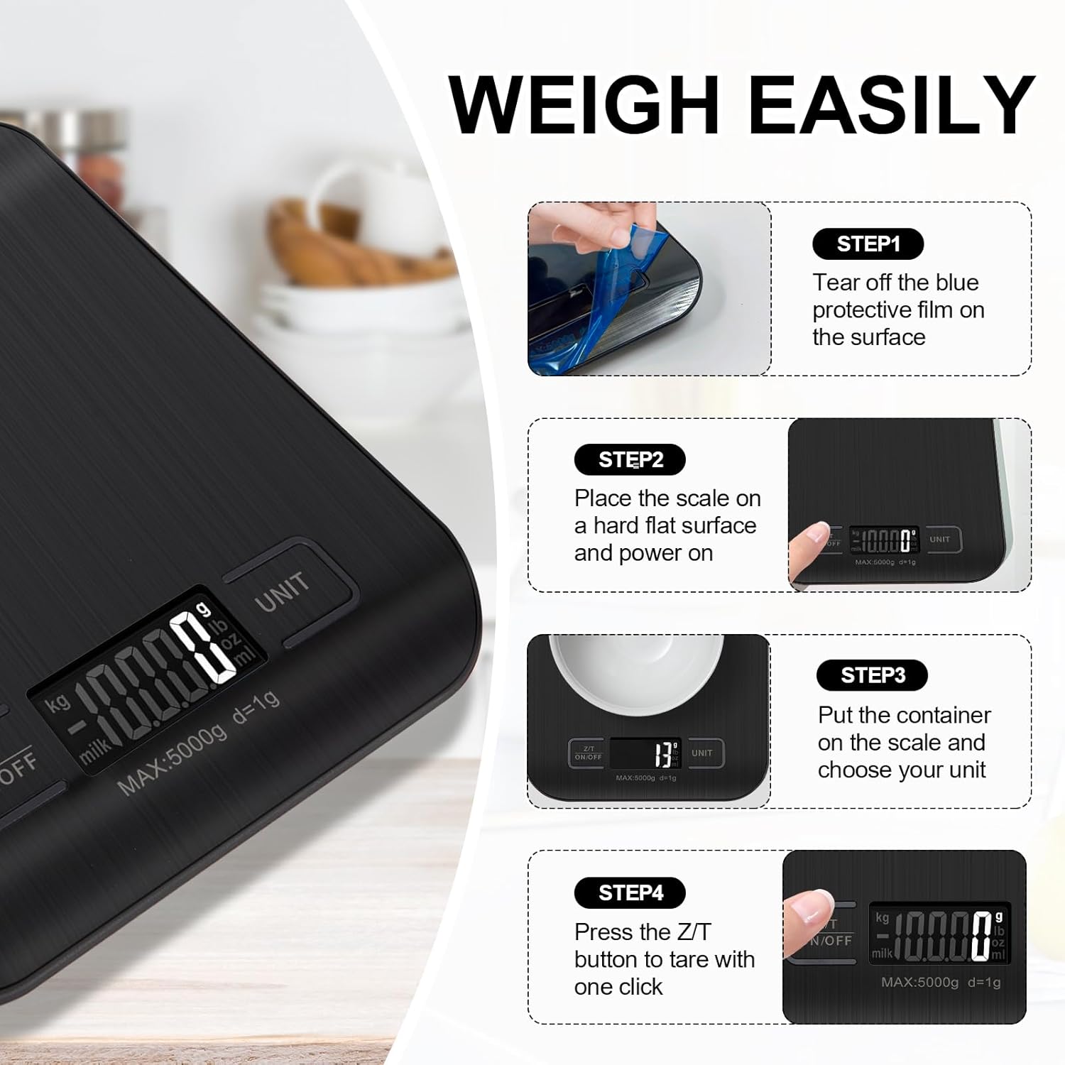 Stainless Steel Food Scale by [Brand Name] - 11lb Capacity with Tare Function & LCD Display | Perfect for Baking, Cooking & Meal Prep (Black)