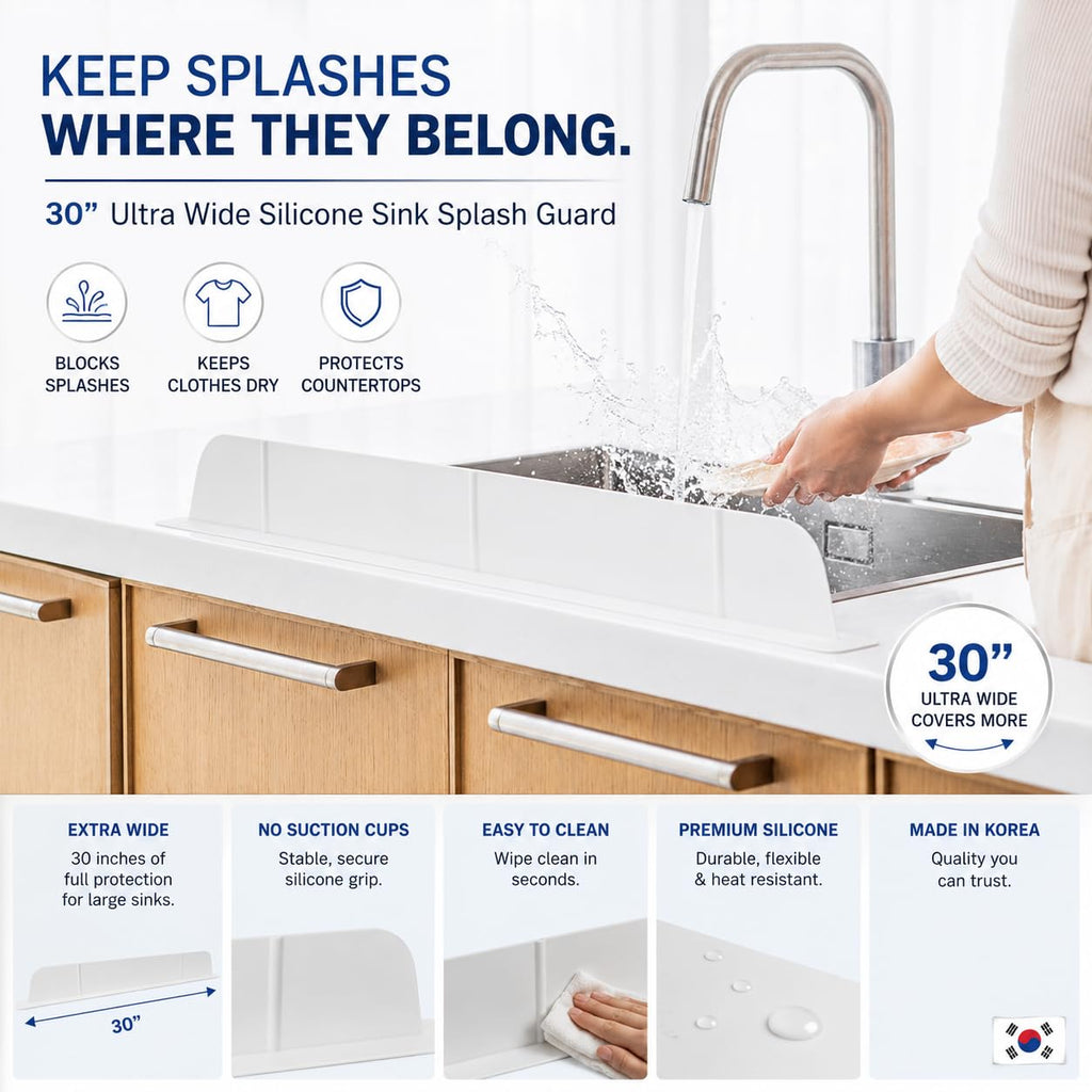 30 inch(75cm) Premium Kitchen Sink Silicone Water Splash Guard Size Upgrade 30" and new Package - NO Suction Cups, Ultra Wide 30" - Made in Korea (Ultra Wide Eco White)