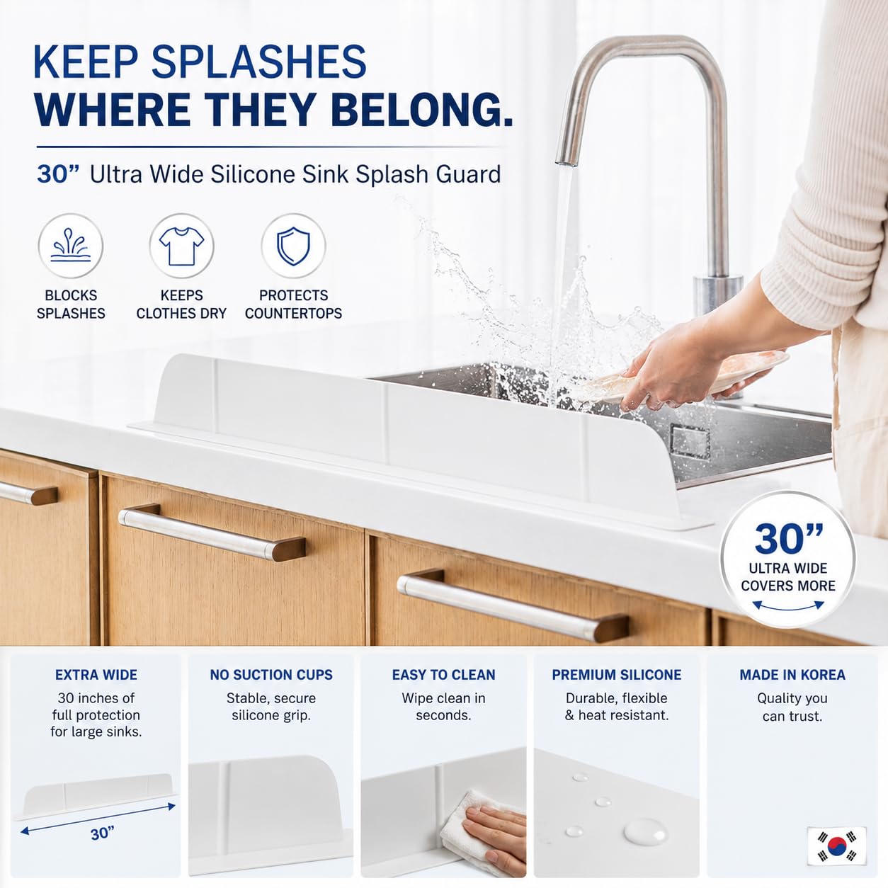 30 inch(75cm) Premium Kitchen Sink Silicone Water Splash Guard Size Upgrade 30" and new Package - NO Suction Cups, Ultra Wide 30" - Made in Korea (Ultra Wide Eco White)