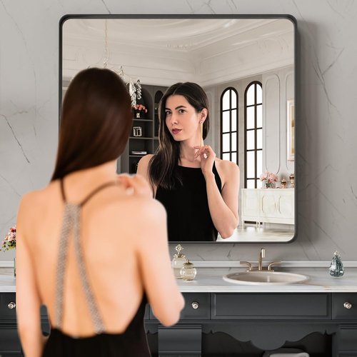 LOAAO Black Metal Framed Bathroom Mirror - 32x32 Inch, Anti-Rust, Versatile Horizontal/Vertical Hangs