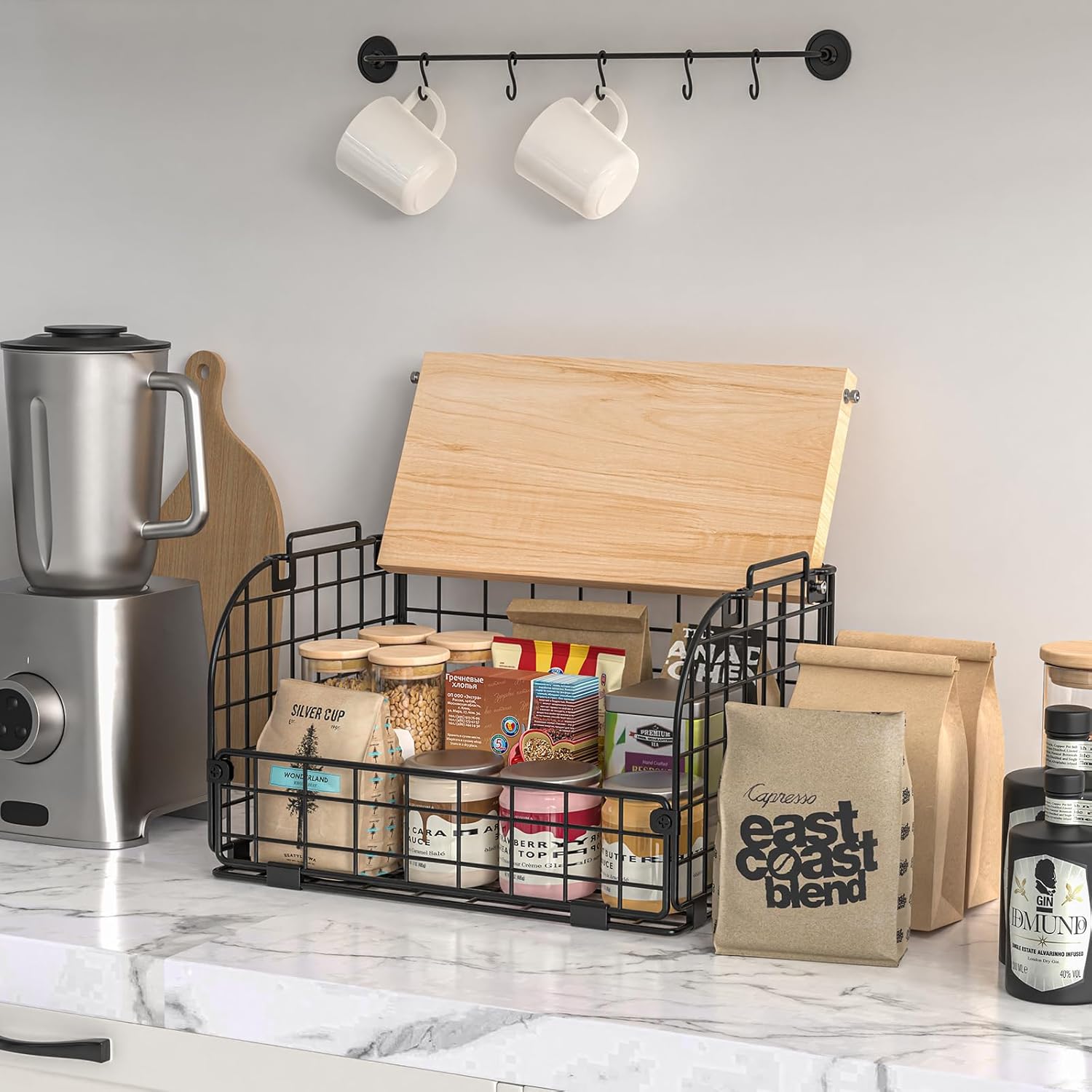 Skiennix Stackable Wire Baskets - Openable Top Kitchen Organizer for Fruits, Veggies & Snacks | 2 Set