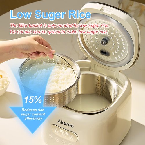 Akureo 5 cup 2.5L Low Suger Rice Cooker with 304 Stainless Steel inner pot, healthy for 2-3-person households, Office workers & low carb dieters, exercisers and the elderly