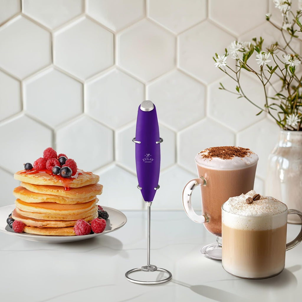 Zulay Kitchen Milk Frother Wand - Ultra Fast Electric Whisk for Coffee & Lattes - Includes 4 AA Batteries - Grape