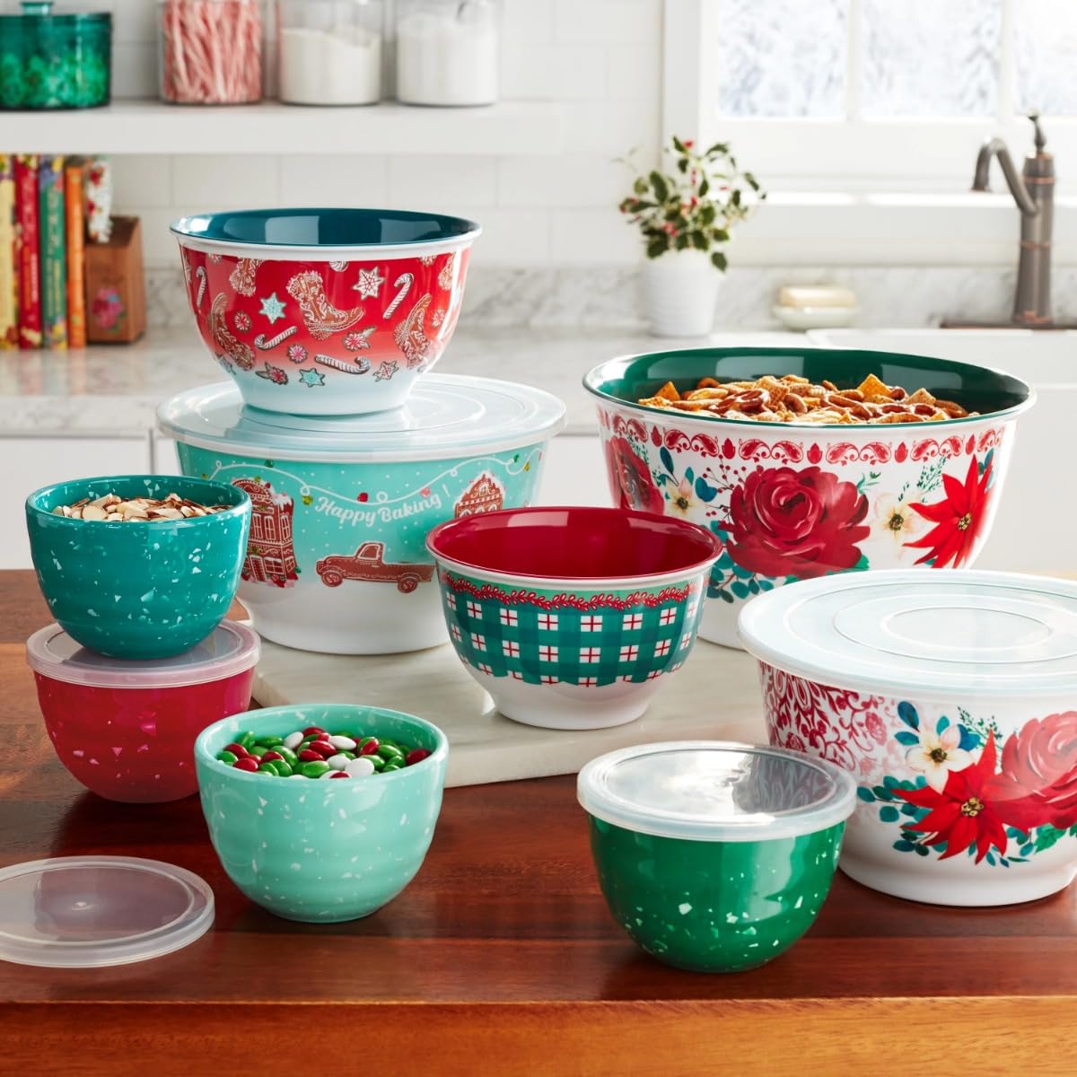 PtaTt Melamine Mixing Bowl Set with Lids, 18 Piece Set, Wishful Winter