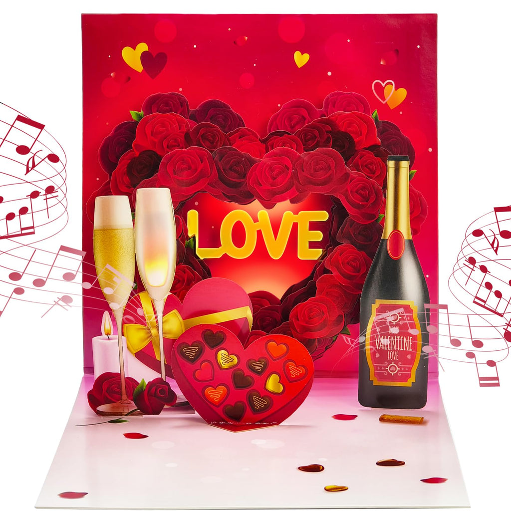 DTESL Valentine's Day Cards, Anniversary Card Pop Up Card,Champagne LED light & Music, Valentine card for women and men, music playing Valentine- accompaniment, impresses lovers