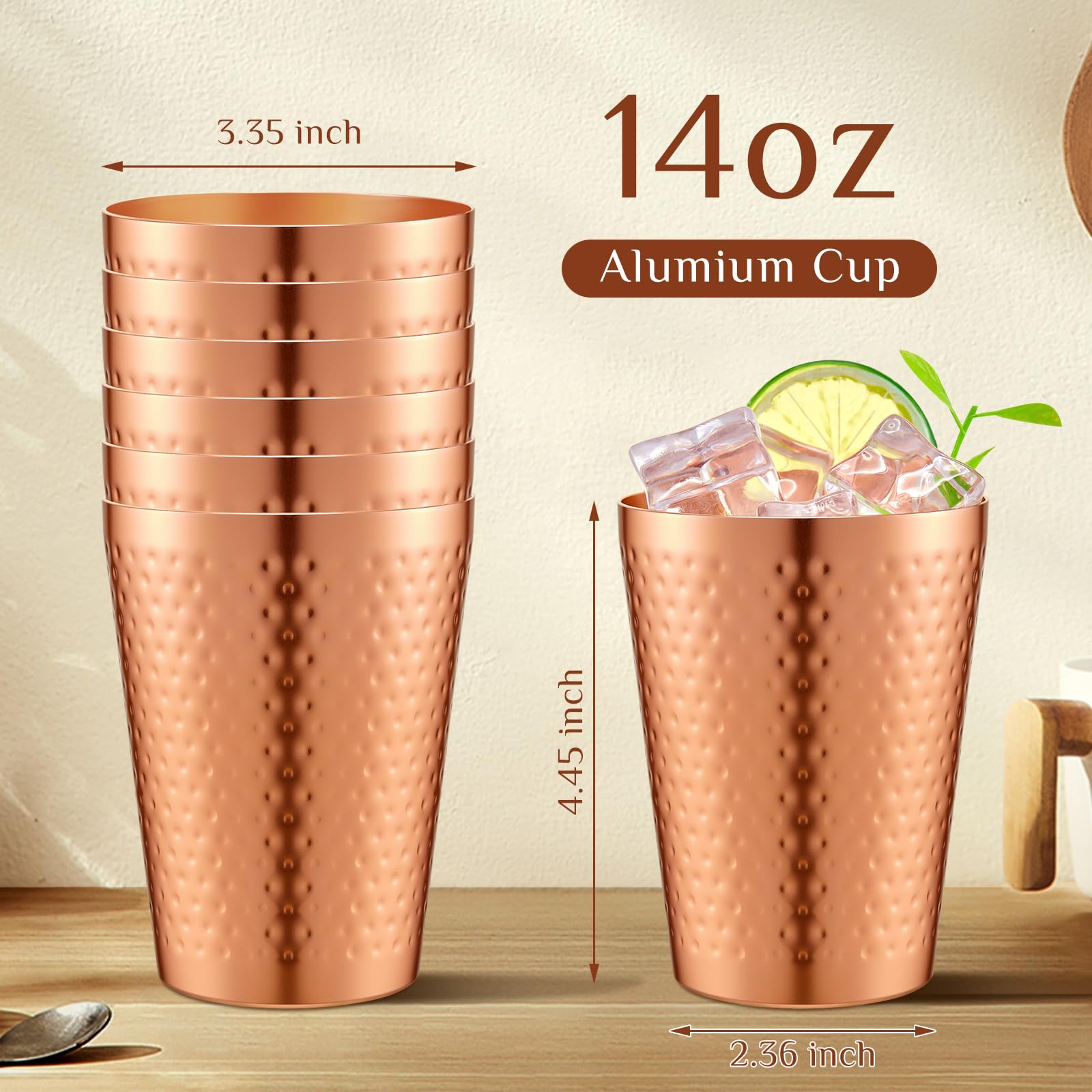 Tanlade 24 Pcs Aluminum Copper Cups Bulk, 14 oz Water Tumblers, Metal Copper Cups for Drinking, Hammered Surfaces Mirror Finish Stackable Cold Glasses for Red or White Wine Iced Coffee (Gold)