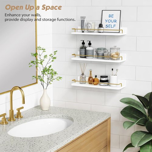Forbena Gold Floating Shelves - Modern Wall Decor Set of 3 with Guard Rail - White and Gold