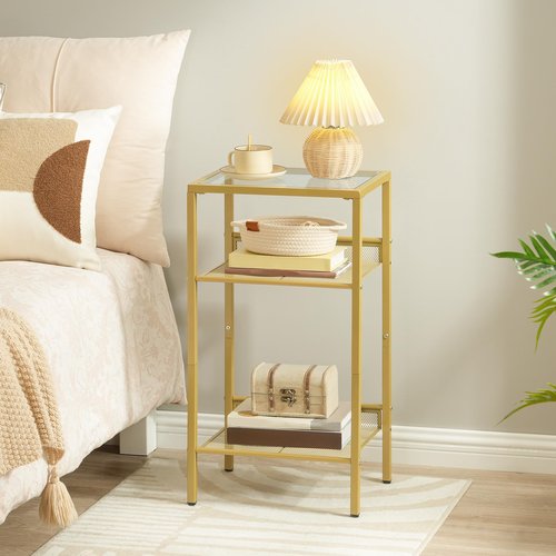 HOOBRO Gold Side Table, Tall Telephone End Table with Mesh Shelves, 3-Tier Nightstand with Tempered Glass Tabletop, for Living Room, Bedroom, Gold GD04DH01