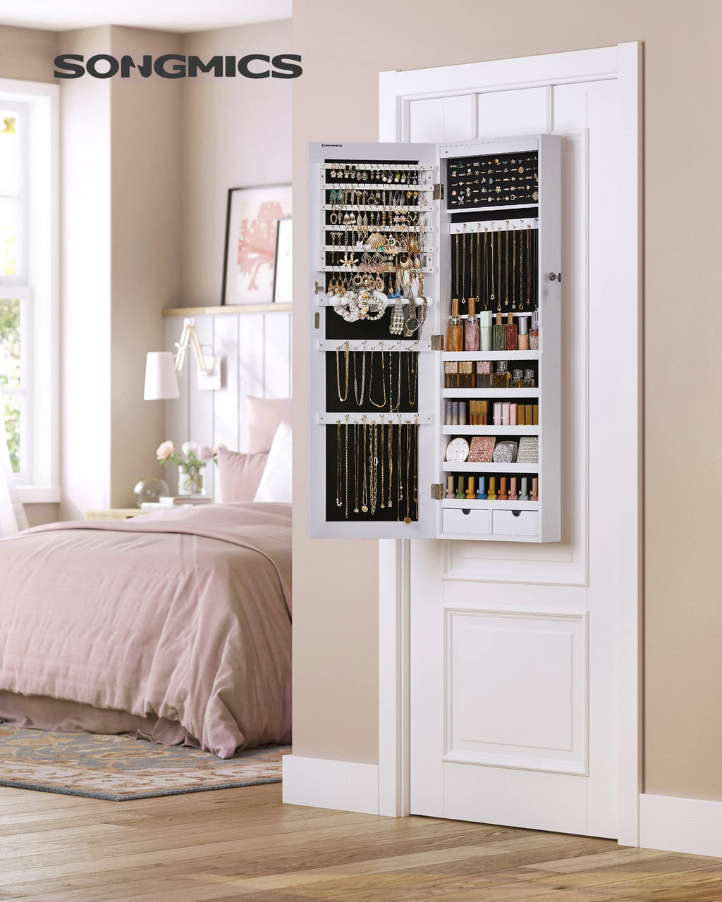 SONGMICS Hanging Jewelry Cabinet, Wall-Mounted Cabinet with LED Interior Lights, Door-Mounted Jewelry Organizer, Full-Length Mirror, Gift Idea, White UJJC99WT
