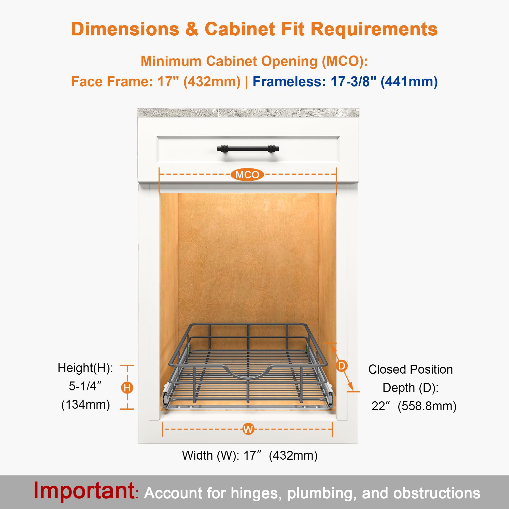 ALINE FURNITURE Pull Out Shelves - 17" W x 22" D Soft Close Pull Out Cabinet Organizer 1 Tier - Slide Out Drawers with Shelf Liner, Heavy Duty Steel Wire Baskets for Kitchen Cabinets, Pantry, Bathroom