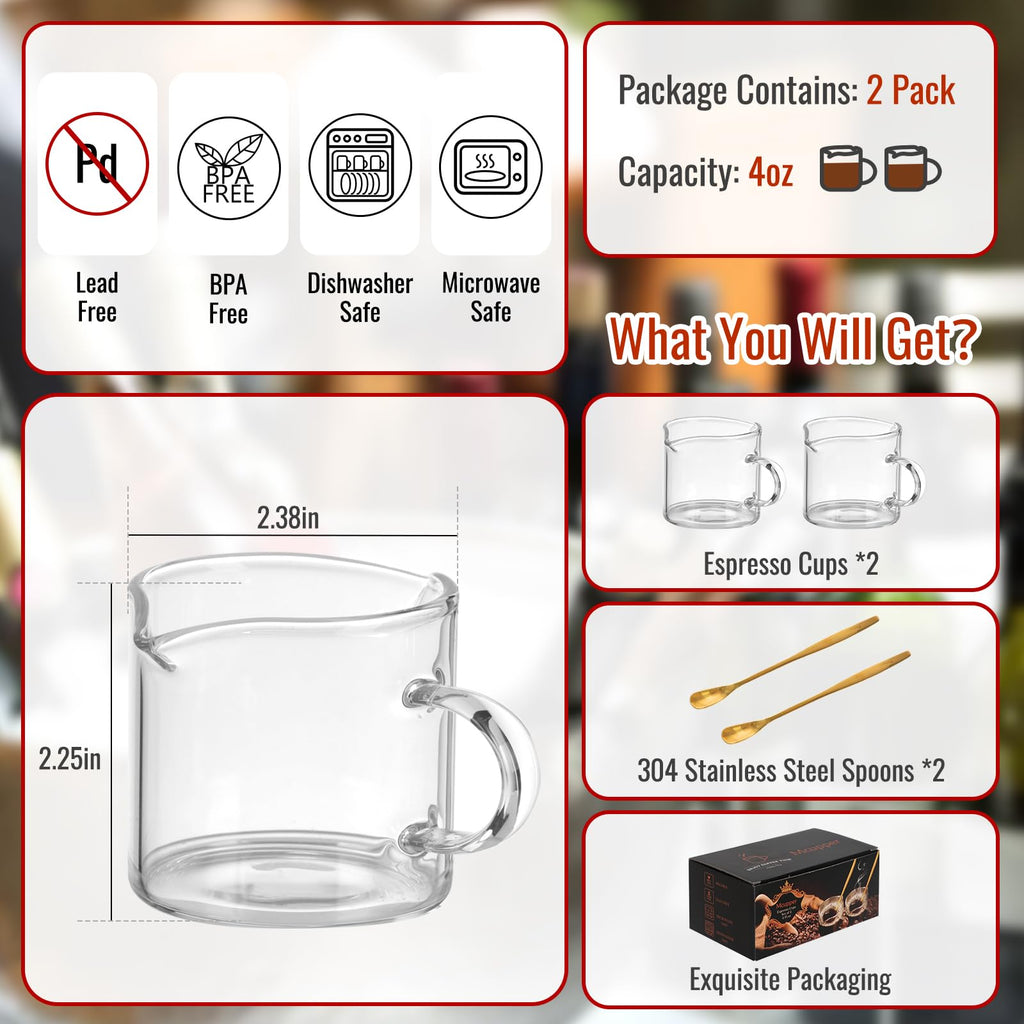 Mcupper 2 Pack Espresso Cups 4 OZ, Double Spouts Cups with Handle and 2 Stainless Steel Spoons, Espresso Shot Glasses, Milk Cup, Clear Glass for Espresso Machine