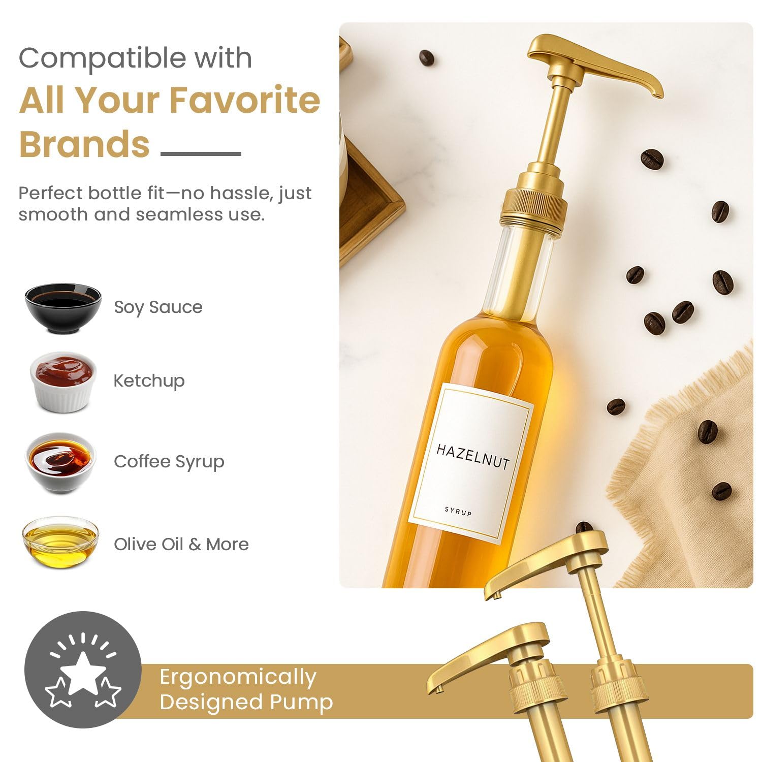 Skiennix Gold Plastic Syrup Pumps - 2-Pack for 750ml Bottles - Ideal Coffee Dispenser, Not for Glass