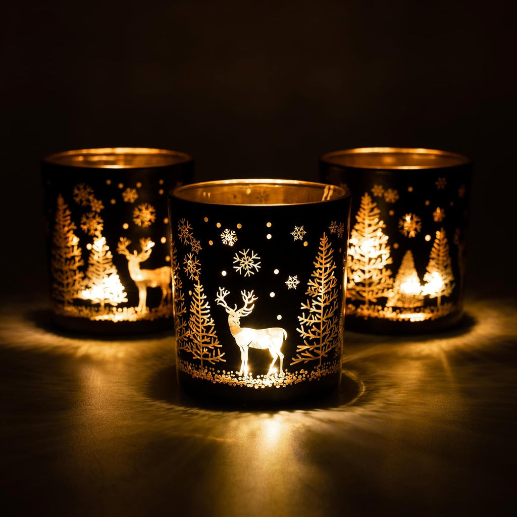 Skiennix Votive Candle Holders - Black and Gold Glass Tealight Set of 3 | Festive Elk, Tree & Snowflake Design