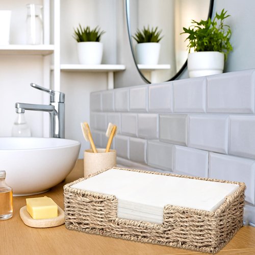 Napkin Holder Disposable Guest Towel Tray Long Seagrass Woven Rattan Wicker Holder Square Napkin Paper Basket Cocktail Serving Tray Rustic Boho Decor Accessories for Kitchen Bathroom Dining