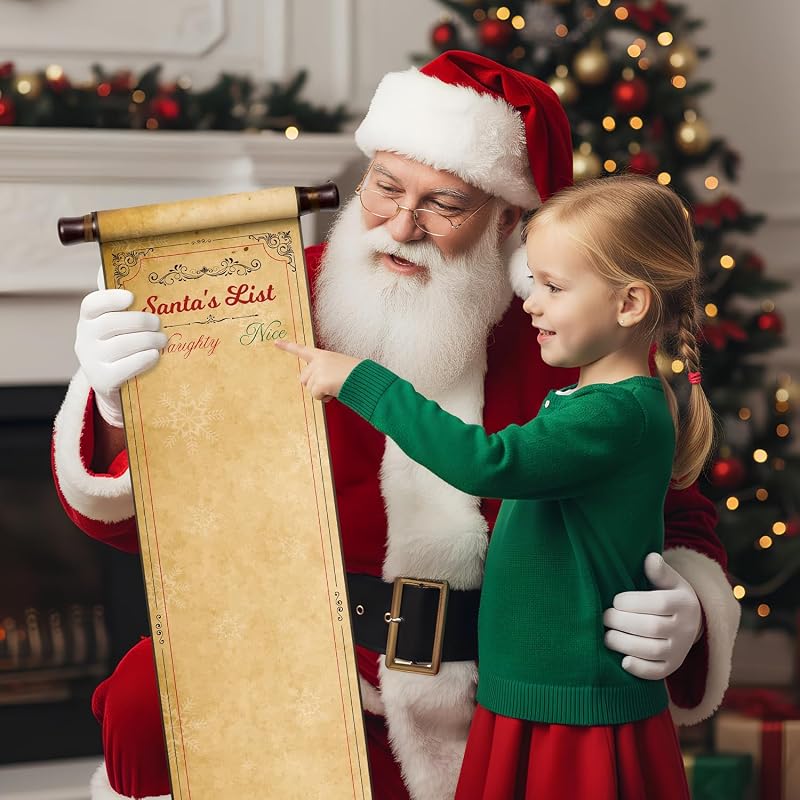 Christmas Naughty & Nice Scroll Set with Golden Feather Pen, Vintage Burlap Bag