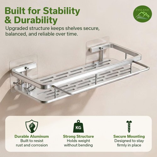 EVALAND Shower Caddy - Adhesive 2-Pack with Hooks & Rod | Premium Rustproof Bathroom Organizer, Silver