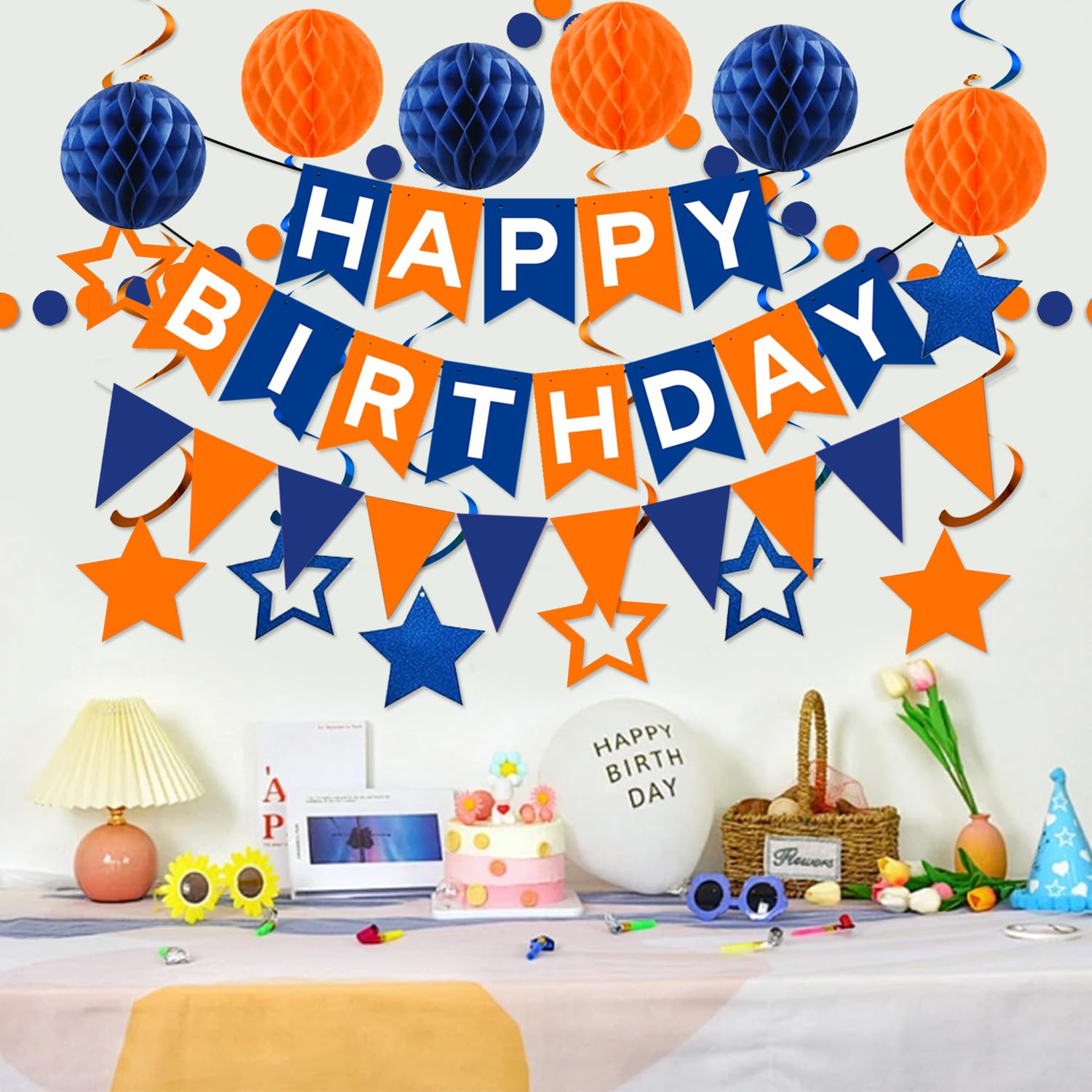 WODEMAYAA Blue & Orange Birthday Party Decorations - Happy Birthday Banner, Honeycomb Balls, Swirls, Circle Dot Garland, Triangle Flags Bunting