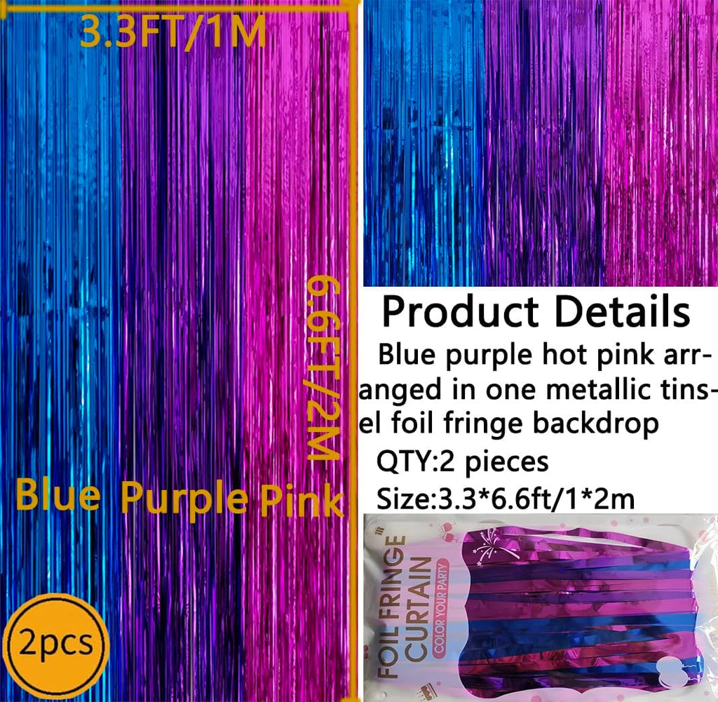 Skiennix Metallic Tinsel Foil Fringe Backdrop - 2 Pack 3.3x6.6ft in Blue & Hot Pink | Perfect for Birthday & Party Decor