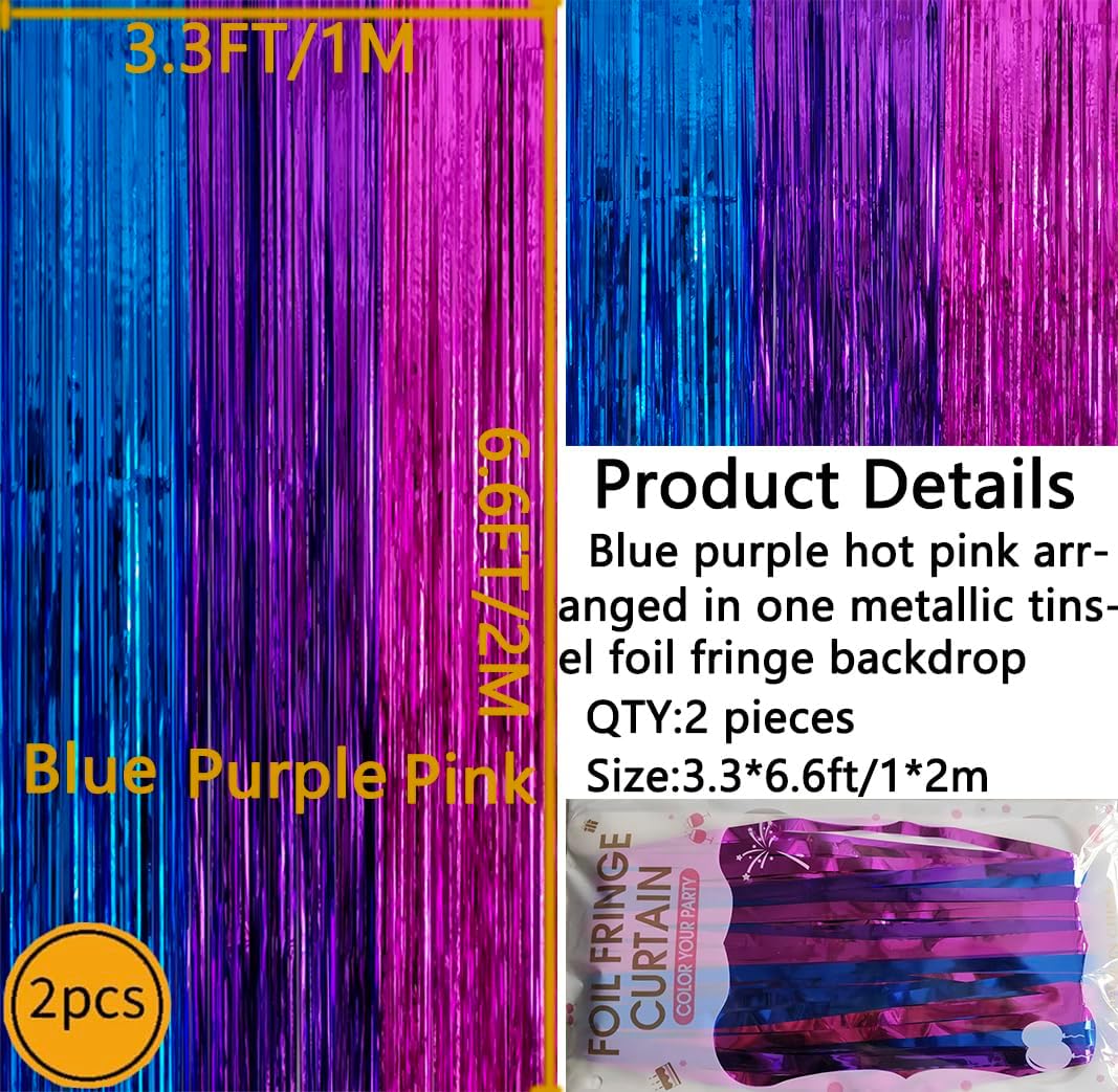 Skiennix Metallic Tinsel Foil Fringe Backdrop - 2 Pack 3.3x6.6ft in Blue & Hot Pink | Perfect for Birthday & Party Decor