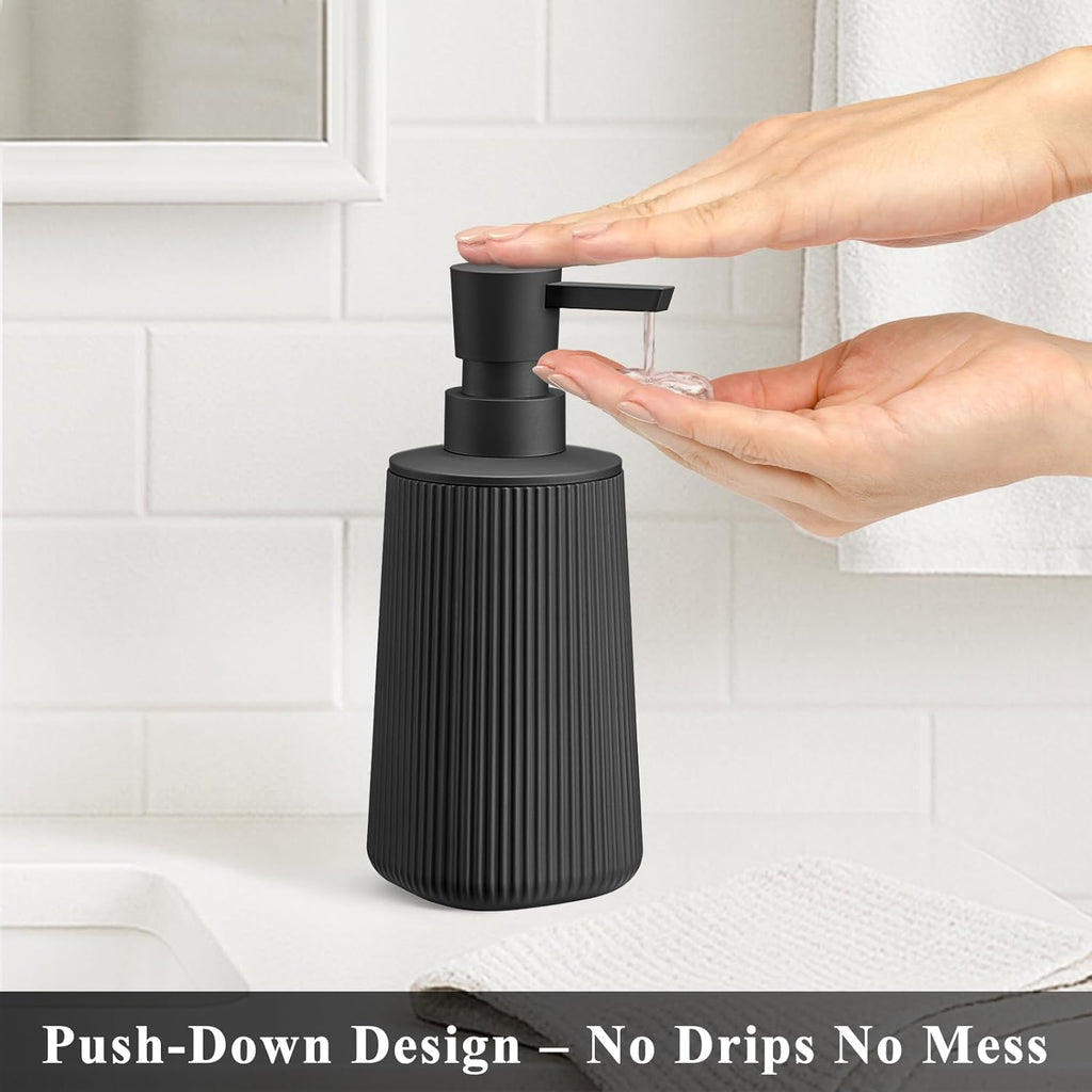 Black Hand Soap Dispenser - Rust-Proof Pump for Bathroom & Kitchen | Refillable Striped Matte Plastic, 8.5 oz