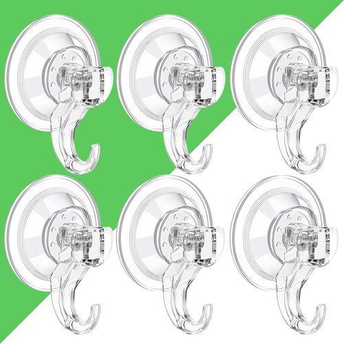 LUXEAR Suction Cup Hooks - 6 Pack Reusable Waterproof Hooks for Shower, Bathroom, Kitchen | Clear Design