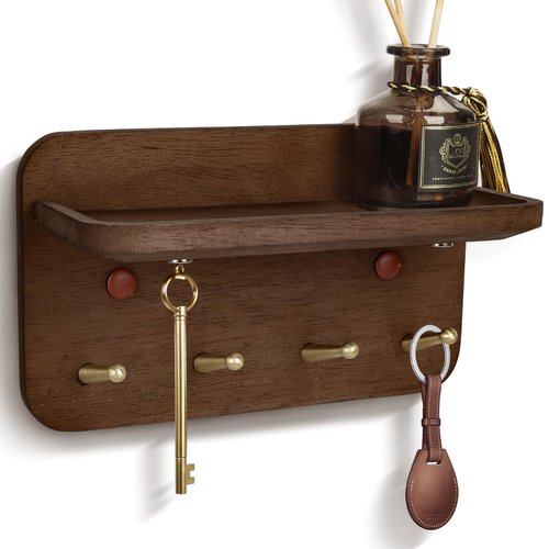 LEIRUOTM Key Holder Wall Mount, Solid Wood Key Holder for Wall with 4 Brass Hooks & Hidden Magnets, 15° Incline Hooks & Grooved Design to Prevent Slipping, Vintage Brown Key Hanger