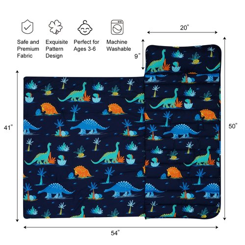 david's kids Toddler Nap Mat Set with Removable Pillow, Ultra Soft Slumber Bags for Boys, Perfect for Preschool, Daycare, Kids Sleeping Bags with Rollup Design, 50"x20", Dinosaur