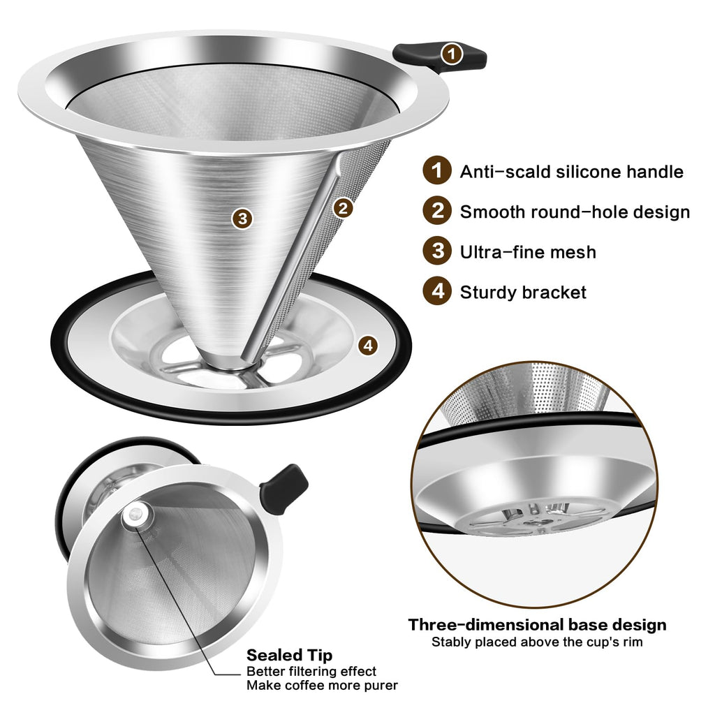 Pour Over Coffee Dripper, Stainless Steel Coffee Filter, Paperless Reusable Coffee Filter, Double Micromesh 600 Mesh Strainer Coffee Maker with Heat-Resistant Silicone Handle & Base