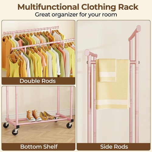 HYSEYY Clothes Rack - Sturdy Double Rod Portable Garment Rack for Bedroom & Laundry | Pink