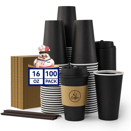 JOLLY CHEF 16 oz Coffee Cups-100 Pack, Disposable Black Hot Paper Cups with Lids, Sleeves and Stirrers for all Kinds of Beverages