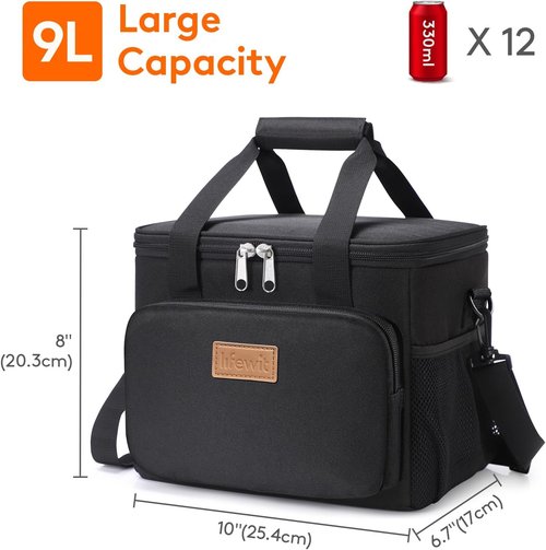 Lifewit Insulated Lunch Bag - Soft Cooler Tote for Adults | Black 12-Can Capacity (9L)
