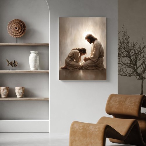FASWQ Framed Jesus and Woman Wall Art - Christian Canvas Painting for Home | 12x16 Inch Sacred Heart Decor