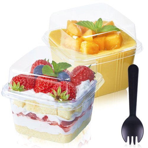 TOFLEN 100Ct 8 oz Square Plastic Dessert Cups with Lids and Sporks, Clear Plastic Yogurt Parfait Cups Cake Cup for Mousse, Fruit, Banana Pudding Cup