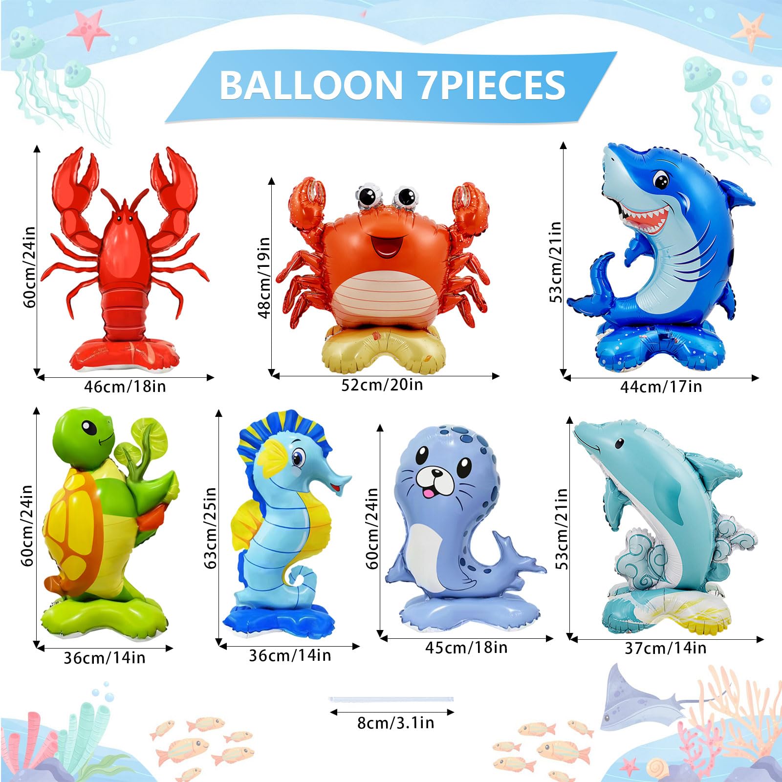 7 Pcs Ocean Animal Balloons - Standing Turtle Seahorse Dolphin Shark Crab Lobster Sea Lion Foil Balloons for Under The Sea Themed Party Decorations