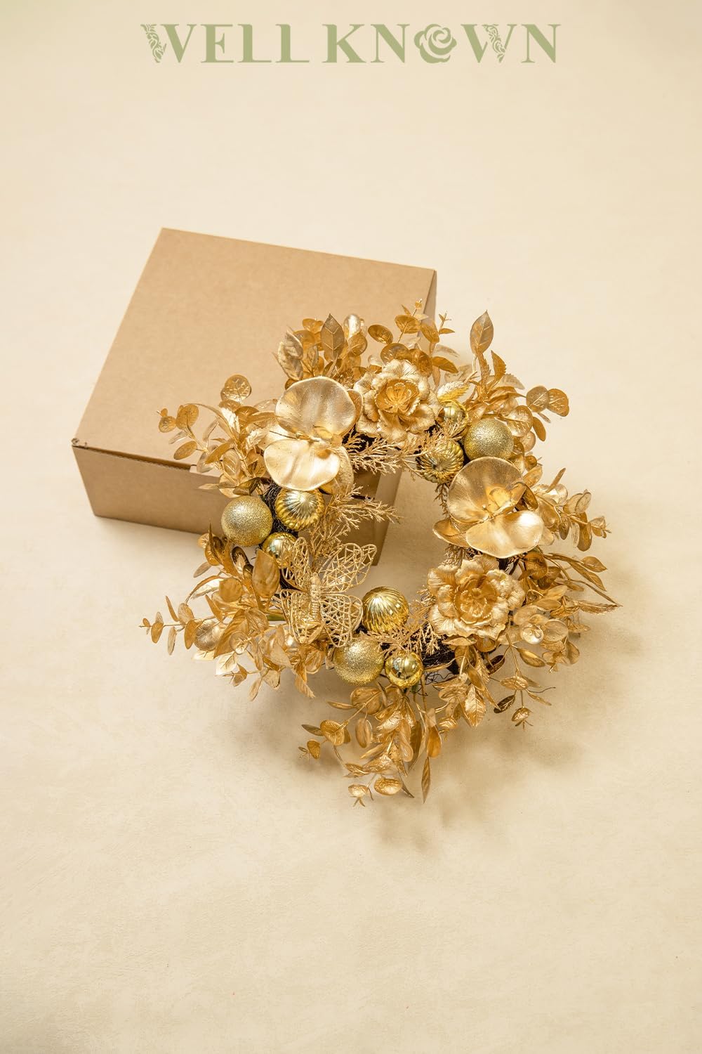 Skiennix Artificial Flower Candle Ring - 12" Gold Orchid & Eucalyptus Wreath for Home Decor | Perfect for Weddings & Centerpieces