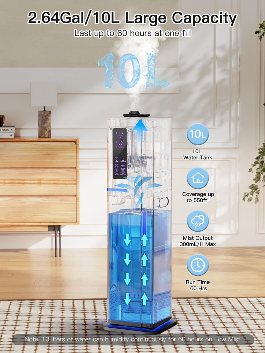 Zeova 10L/2.64Gal Humidifier, Top Fill Quiet Ultrasonic Cool Mist Humidifiers for Bedroom, Covers 550ft², 60H Runtime, 24H Timer, 3 Mist Modes Humidifier Large Room, Home, Office, Plants, Black