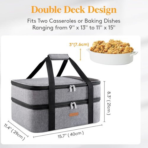 LUNCIA Insulated Double Decker Casserole Carrier - Keeps Food Hot or Cold | Fits 9" x 13" Baking Dish, Grey