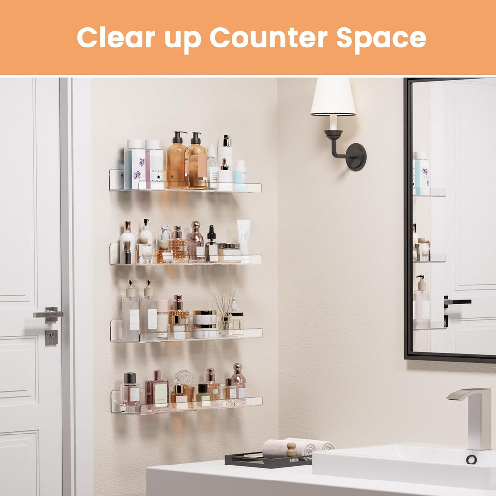 Upsimples Acrylic Floating Shelves - 15" Wall Organizer for Bathroom, Bedroom & Nursery | Clear 4-Pack