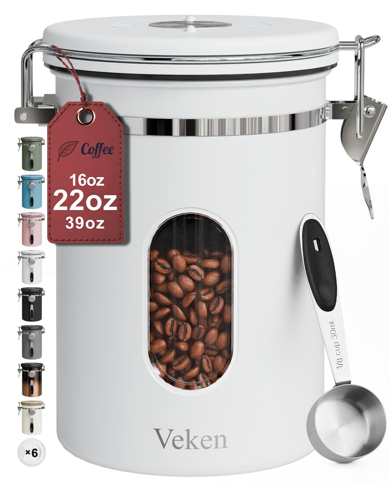 Veken Coffee Canister with Window, Airtight Stainless Steel Kitchen Food Storage Container with Lids, Date Tracker and Scoop for Grounds Coffee, Beans, Tea, Flour, Cereal, Sugar Jars, 22OZ, White