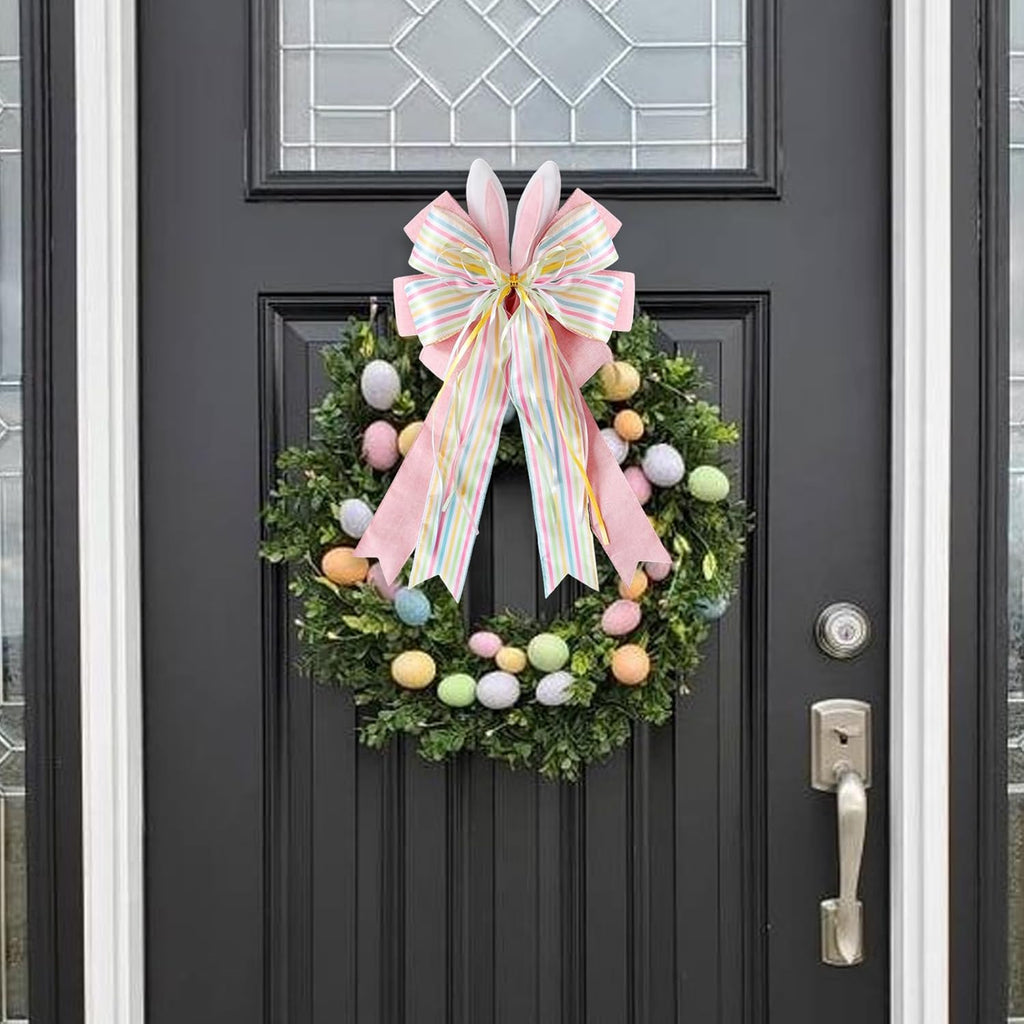 Regine Switzerland Easter Wreath Bow - Burlap Wired Ribbon with Bunny Eggs | 11x20 Inch Door Ornament