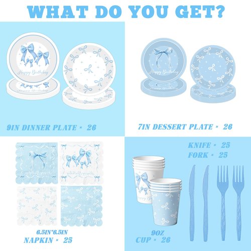 Blue Bow Party Supplies Serve 25,Coquette Birthday Decorations Blue Bow Plates and Napkins for Girls Women,Bridal Engagement Party Decor