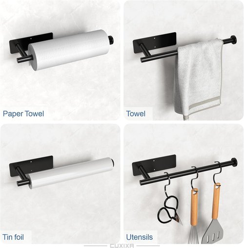 CUXIXA Under Cabinet Paper Towel Holder - 2 Pack Wall Mount with Self-Adhesive & Screws | Stainless Steel, Black