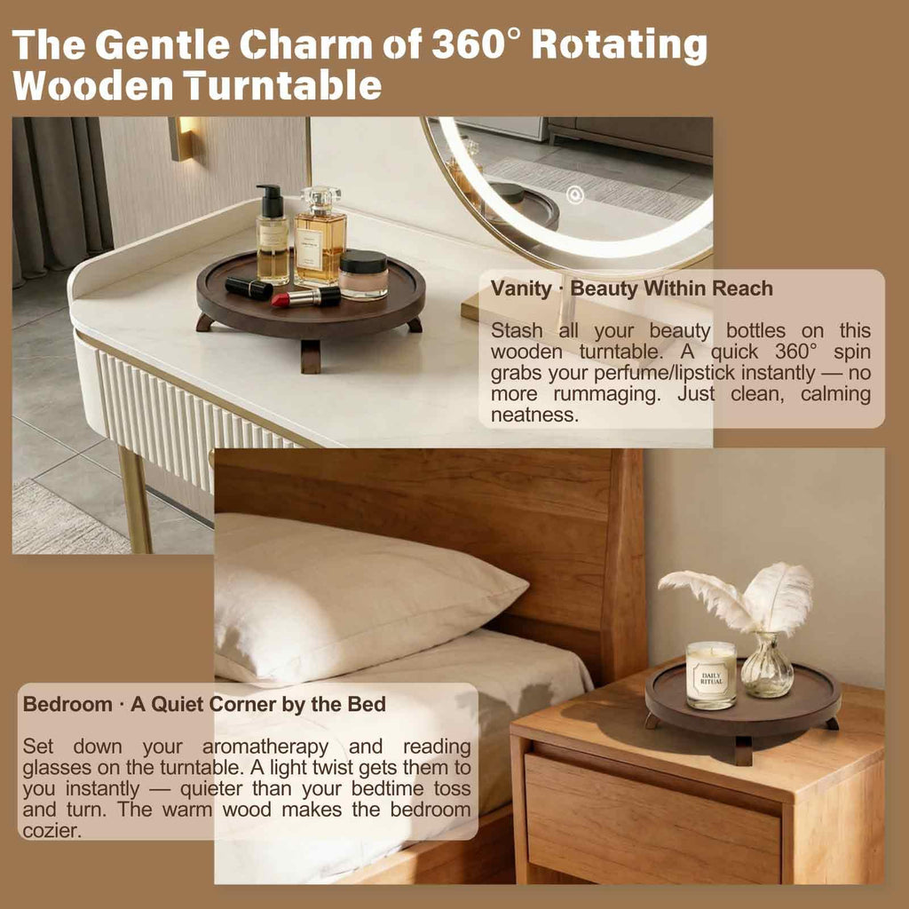 10" Solid Wood Lazy Susan Turntable Organizer for Cabinet, Pantry, Kitchen Countertop - Farmhouse Style with Raised Feet & Water-Resistant Coating, Rustic Bathroom Vanity Tray and Dining Table Decor