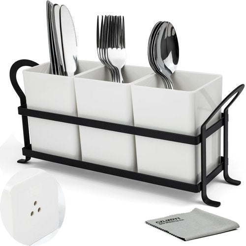 Czlizdyt Cutlery Holder with Drain Holes, Silverware Caddy for Party Countertop, 3pcs Bins Set Utensil Holders for Spoon and Fork, White