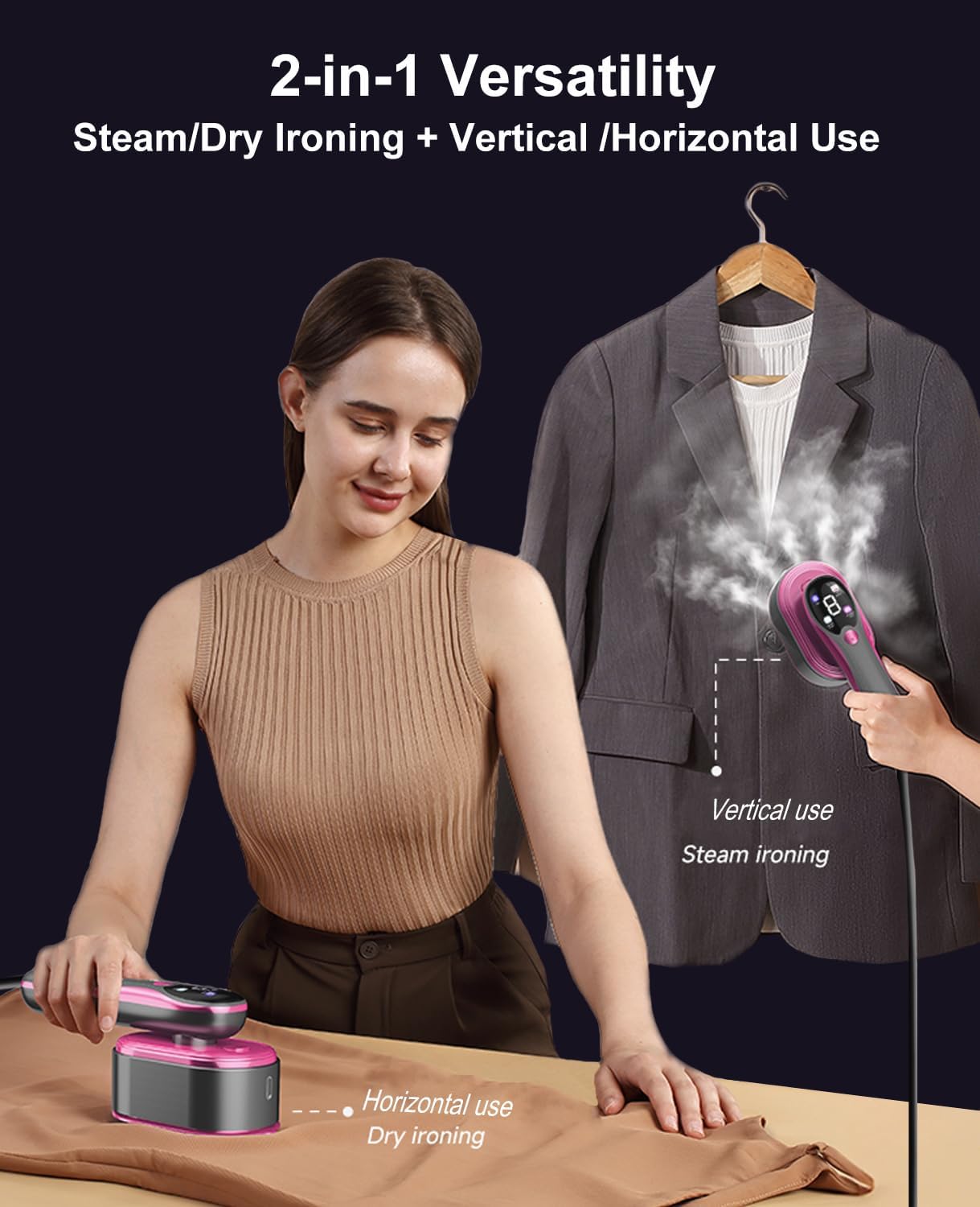 Skiennix 2-in-1 Portable Handheld Garment Steamer - Fast Heat-Up, LED Display, Large Ceramic Panel, Purple