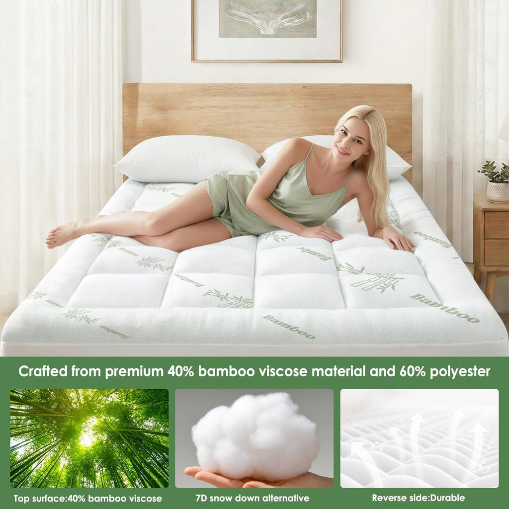 Skiennix Queen Mattress Topper - Cooling Bamboo Viscose Pillow Top - Soft & Breathable for Back Pain Relief - Green