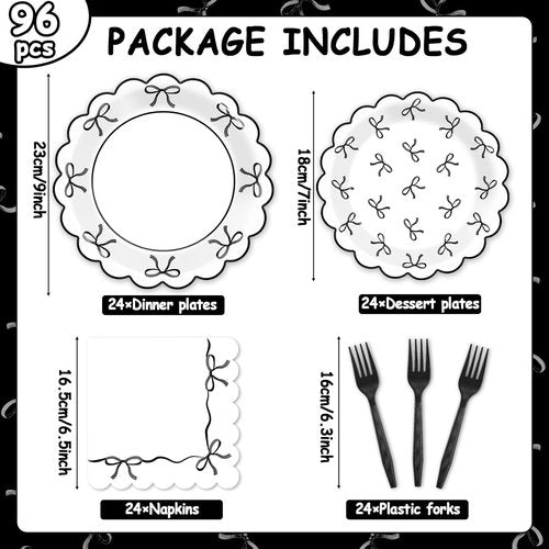 Bowknot Party Decorations | 96 Pcs Black & White Birthday Paper Plates & Napkins | Perfect for Bachelorette & Bridal Showers